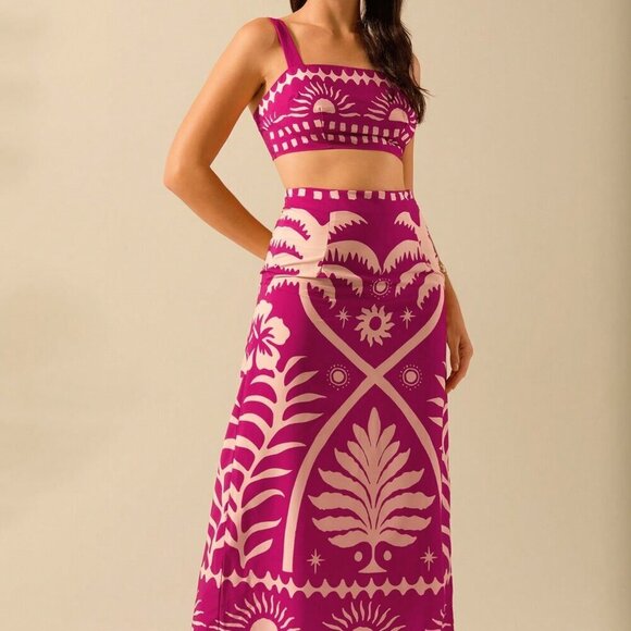 Hot Pink Boho Women's Coconut Print Cropped Cami Top And Fitted Maxi Skirt Set - Picture 3 of 7